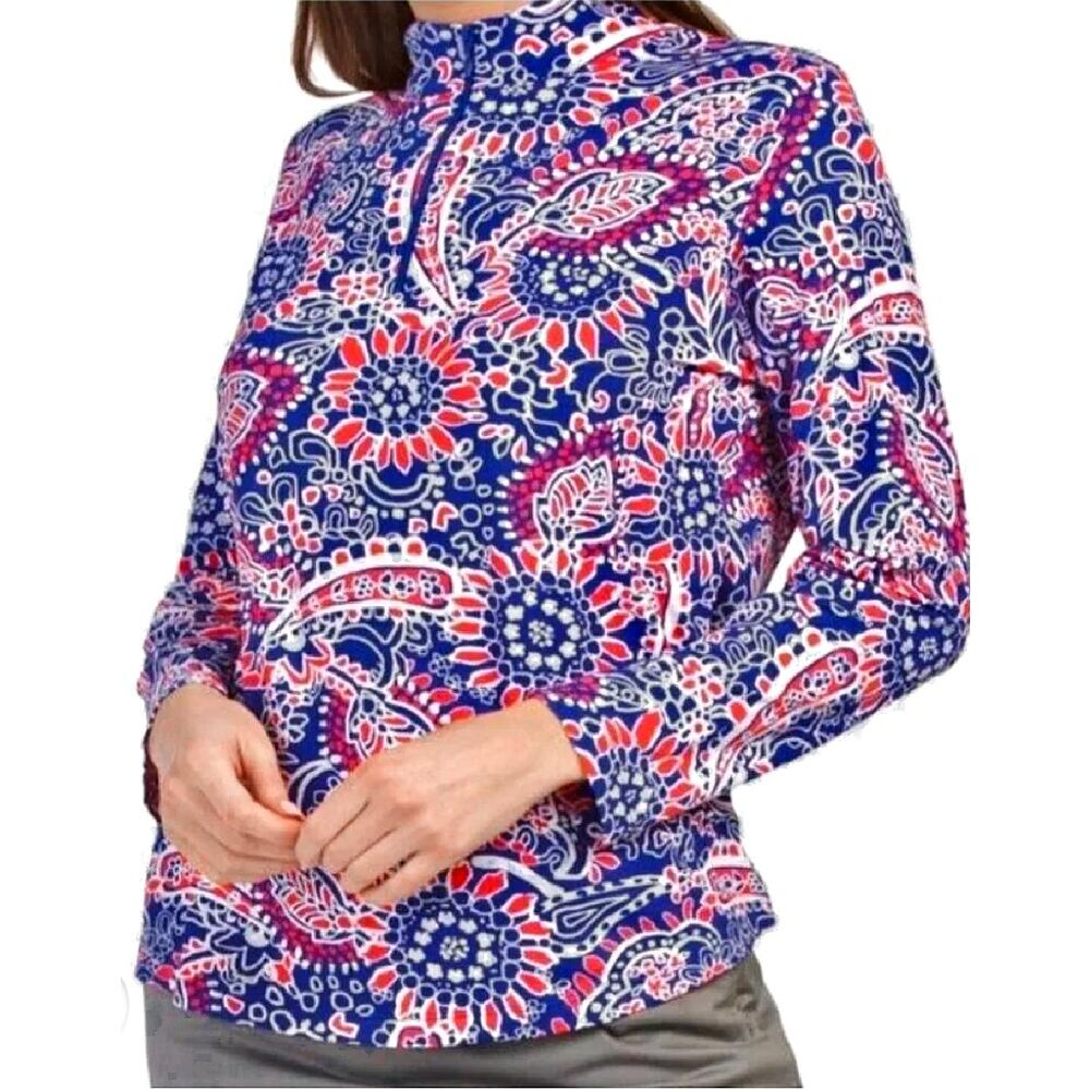 IBKUL Long Sleeve SPF 1/4 Zip Mock Neck Top XXL Red White Blue Floral Paisley